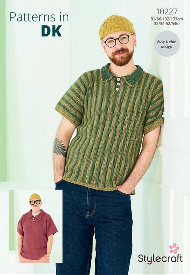 Man wearing a green and brown striped knitted shirt with a Stylecraft label