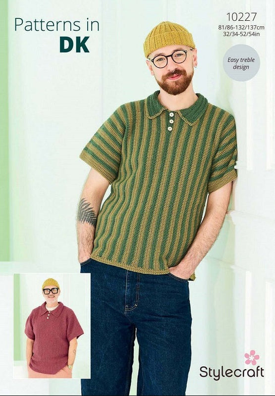 Man wearing a green and brown striped knitted shirt with a Stylecraft label