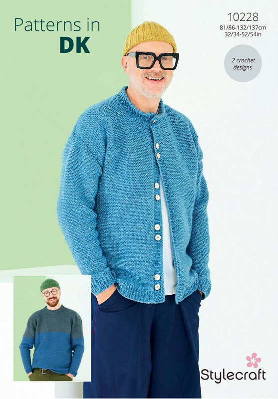 Man wearing a blue knitted cardigan with Stylecraft branding on a white background
