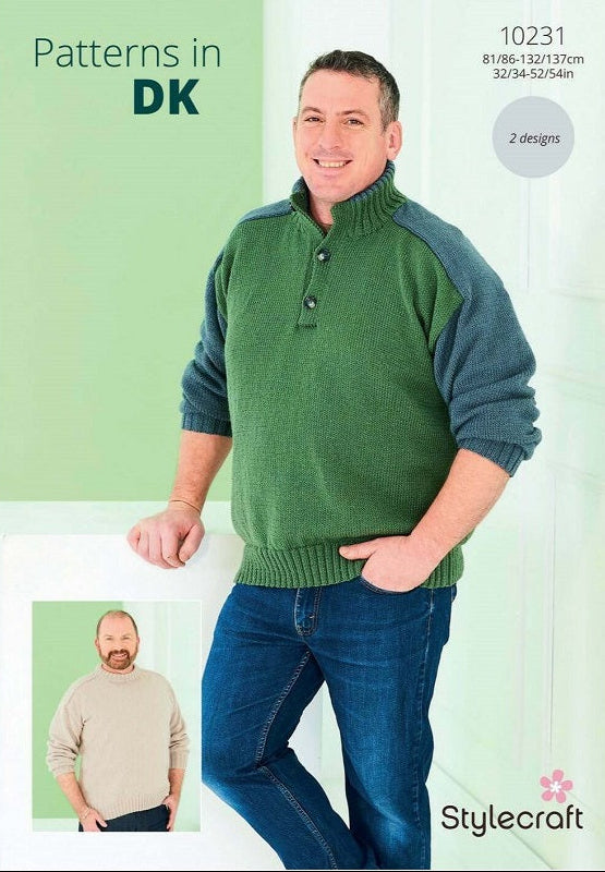 Man wearing a green and blue sweater with Stylecraft branding on a white background