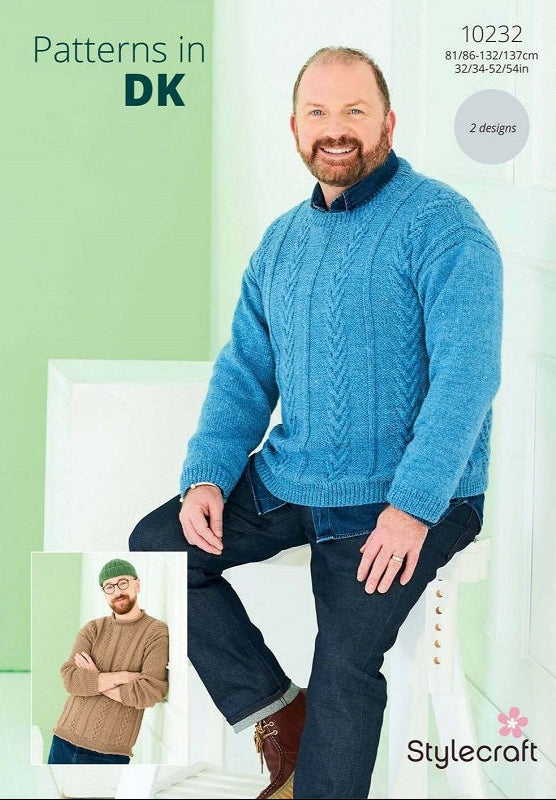 Man wearing a blue knitted sweater with Stylecraft branding on a white background