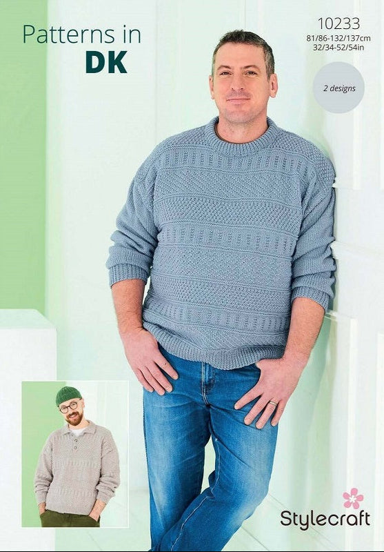 Man wearing a blue knitted sweater with 'Stylecraft' branding on a white background
