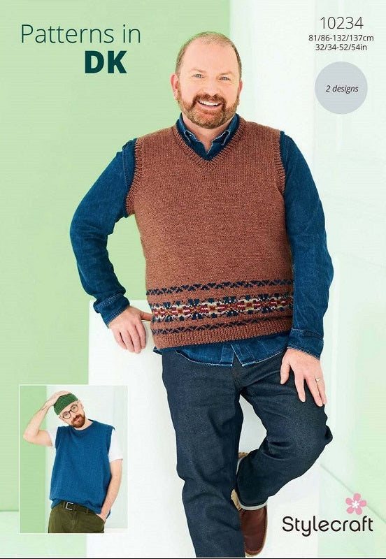 Man wearing a brown knitted vest over a blue shirt with 'Stylecraft' branding.
