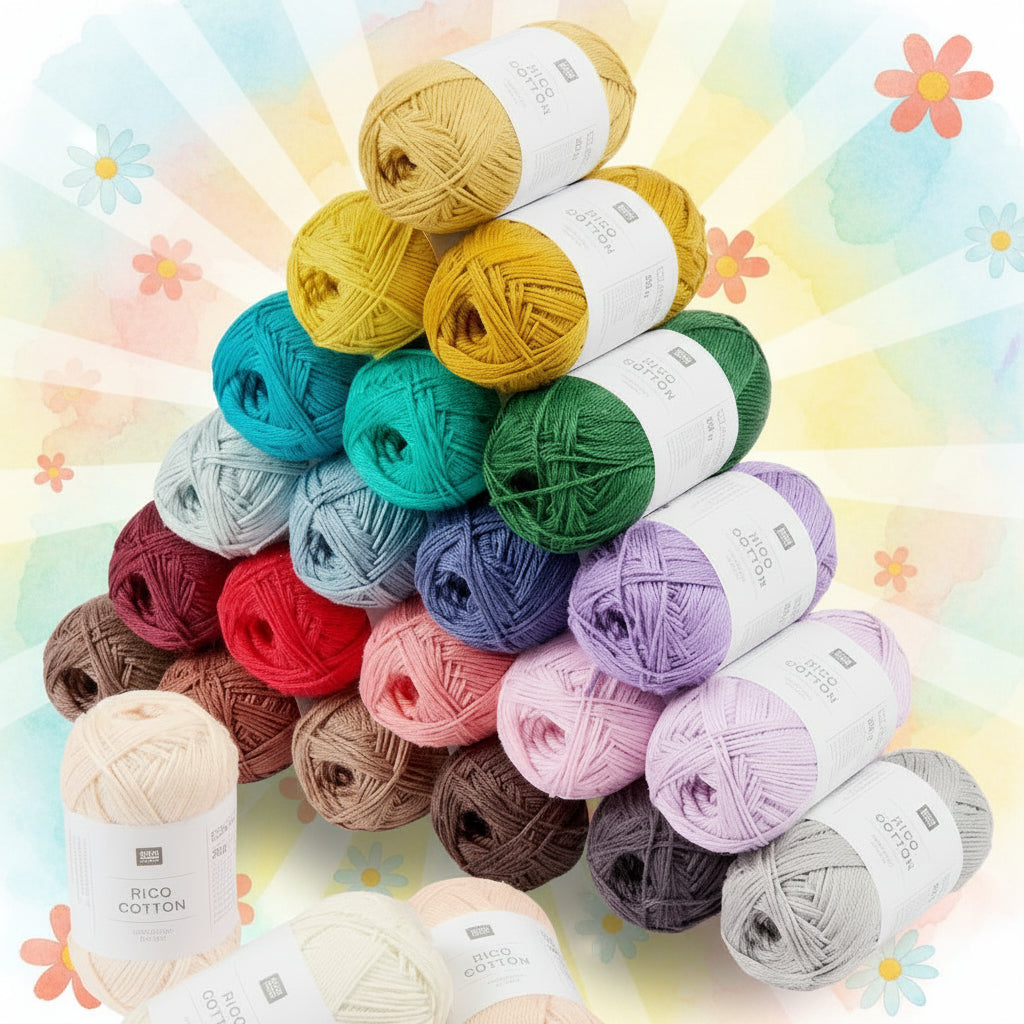 A pyramid arrangement of colorful yarn skeins in multiple shades including yellow, green, blue, red, purple, pink, brown, gray, and cream, with two cream skeins in the foreground on a summery background.