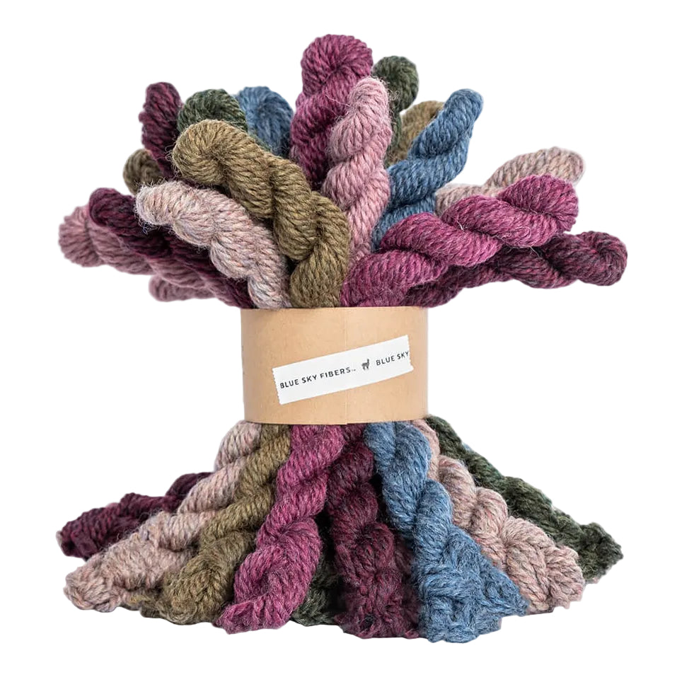 Bunch of multicolored yarn skeins tied together with a label on a white background