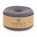 A roll of Yarnly faux leather t-shirt yarn in a muted grayish purple color, wrapped in a kraft paper band with the brand name 'YARNLY' printed on it, set against a plain white background.