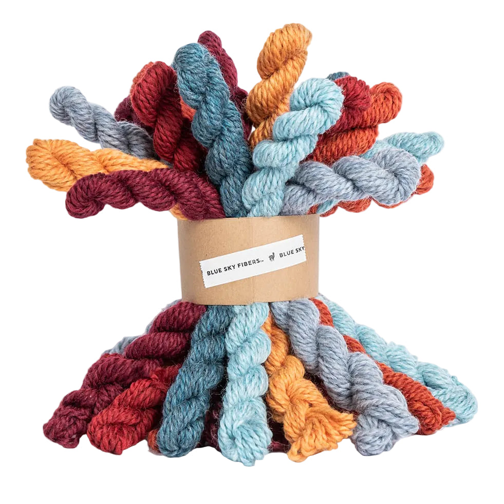 Colorful skeins of yarn tied together with a label on a white background