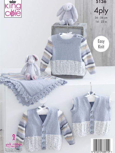King Cole Patterns King Cole Big Value Baby 4 Ply - Sweater, V Neck Cardigan, Waistcoat and Blanket (5136) 5015214338110