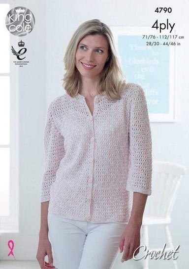 King Cole Patterns King Cole Giza Cotton 4 Ply - Lady's Crochet Cardigan with 3-4 sleeves (4790) 5015214781305