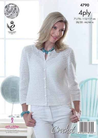 King Cole Patterns King Cole Giza Cotton 4 Ply - Lady's Crochet Cardigan with 3-4 sleeves (4790) 5015214781305