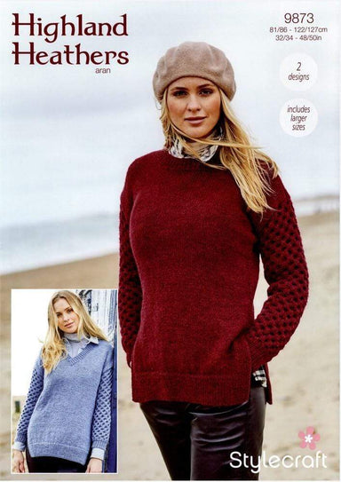 Stylecraft Patterns Stylecraft Highland Heathers Aran - Round & V Neck Sweaters (9873) 5034533075698